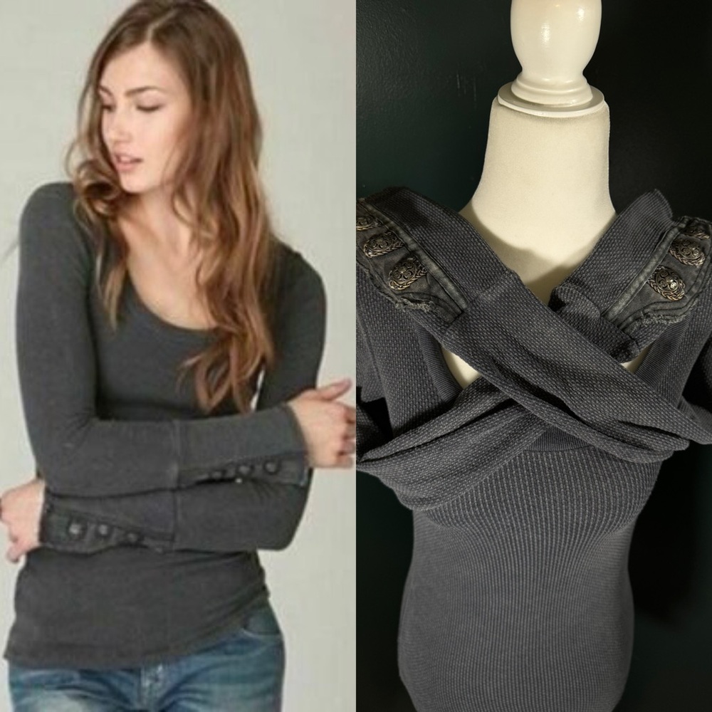 FREE PEOPLE • Vintage Motor Button Cuff Long Sleeve Thermal Gray